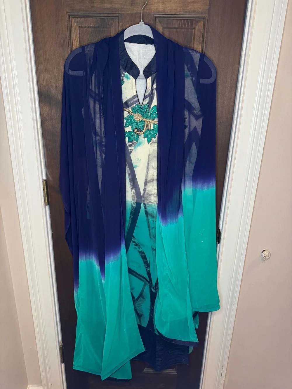 Handmade Teal Ombre Kurti 2pc Set Chiffon Dupatta Bead Floral Tunic Small 47